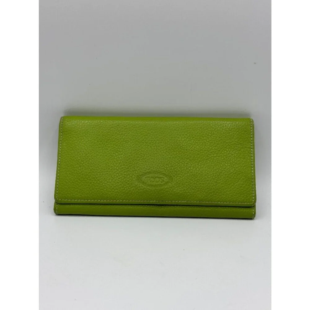 Tod's Lime Green Pebbled Leather Flap Wallet